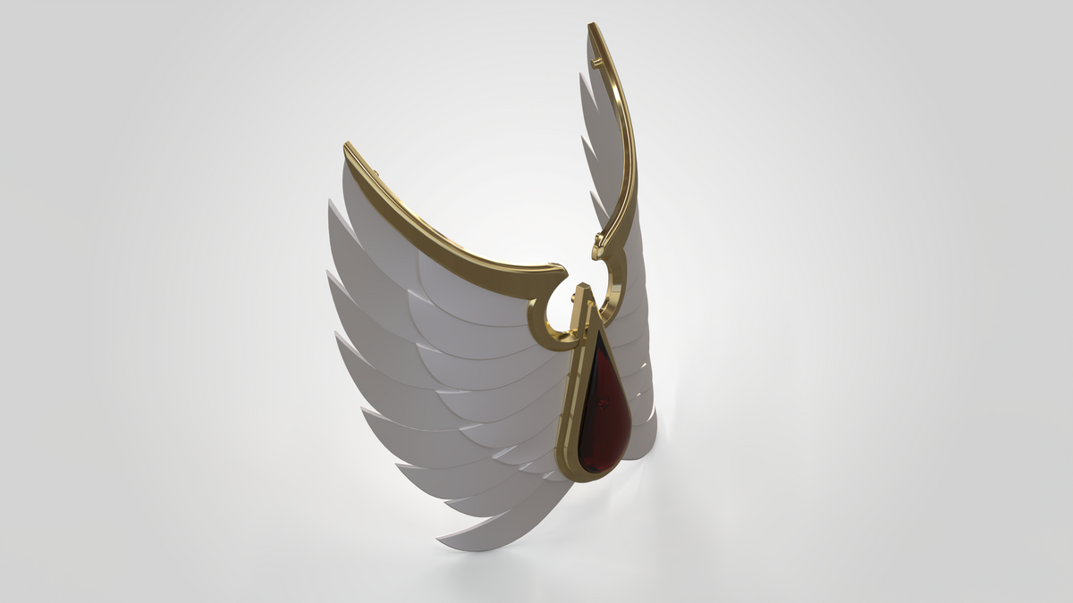 A 3D-rendered object featuring white, feathered wings outlined in gold and a central red teardrop shape, set against a simple light background—directly inspired by the V.10 Crimson Celestials V.1 Shin Detail (3D Print | Files Only) and its signature Galactic Warrior design details—perfect for fans of collectible 3D-printable accessories.