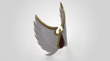 A 3D-rendered object featuring white, feathered wings outlined in gold and a central red teardrop shape, set against a simple light background—directly inspired by the V.10 Crimson Celestials V.1 Shin Detail (3D Print | Files Only) and its signature Galactic Warrior design details—perfect for fans of collectible 3D-printable accessories.