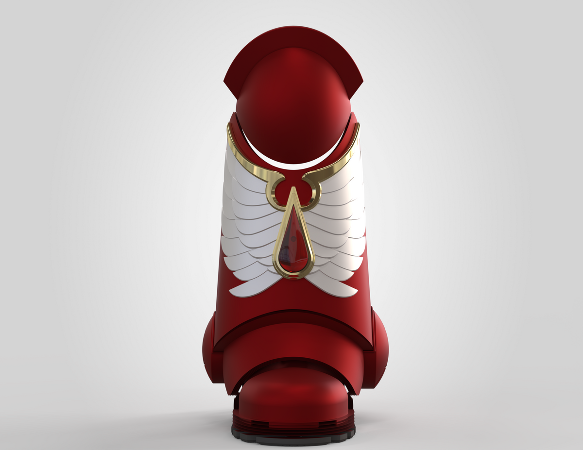 The V.10 Crimson Celestials V.1 Shin Detail (3D Print | Files Only) showcases a large red armored boot with an ornate shin pattern, gold and white winged emblem, and a central red teardrop design—crafted for Tactical Crimson Celestials and presented in a front view against a plain gray background.