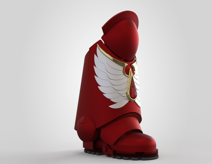A detailed red armored leg with gold and white wing motifs and intricate shin pattern stands upright against a plain light background—capturing the futuristic aesthetic of the V.10 Crimson Celestials V.1 Shin Detail (3D Print | Files Only), ideal for enhancing any 3D-printable Galactic Warriors collection.
