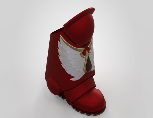 A large red armored boot with an intricate shin detail pattern, adorned with a gold-trimmed white wing emblem on the side and decorative gold and red accents on the front, inspired by the 3D-printable V.10 Crimson Celestials V.1 Shin Detail (3D Print | Files Only) from the Galactic Warriors series, set against a plain white background.