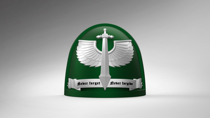 Introducing the V.10 Gloomy Celestials V.2 Shoulder Detail (3D Print | Files Only)—a 3D-printable digital file featuring a green armored shoulder pad adorned with a silver sword, wing motifs, and a gothic-script banner reading “Never forget Never forgive” on a gray gradient background. Perfect for Galactic Warriors customization!.