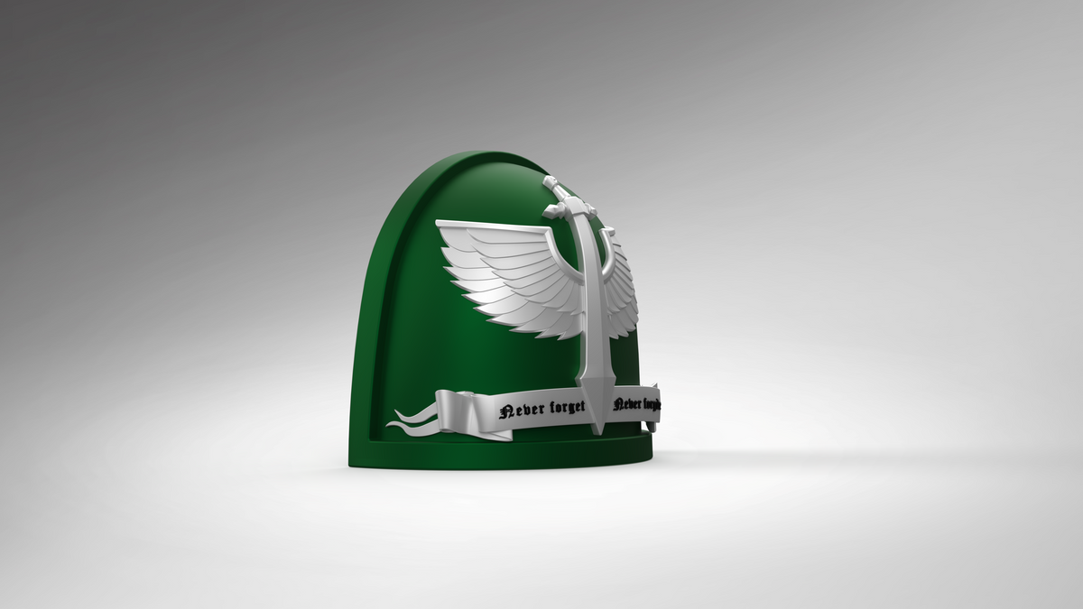 A green dome adorned with a silver sword and wings emblem perfectly embodies the V.10 Gloomy Celestials V.2 Shoulder Detail (3D Print | Files Only). Beneath the emblem, a silver banner bears the inscription Never forget, never forgive. Set against a sleek white-to-gray gradient background, this design is ideal as a 3D-printable shoulder detail for Galactic Warriors and available as digital files only.