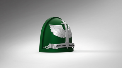 A green dome adorned with a silver sword and wings emblem perfectly embodies the V.10 Gloomy Celestials V.2 Shoulder Detail (3D Print | Files Only). Beneath the emblem, a silver banner bears the inscription Never forget, never forgive. Set against a sleek white-to-gray gradient background, this design is ideal as a 3D-printable shoulder detail for Galactic Warriors and available as digital files only.