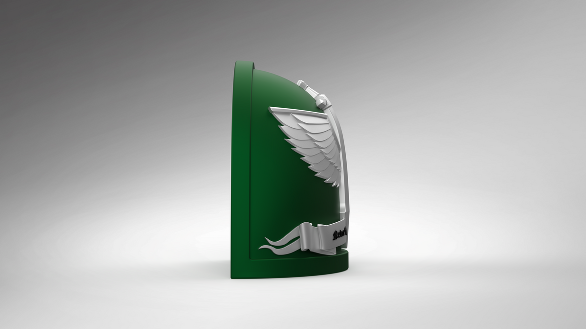 Introducing the V.10 Gloomy Celestials V.2 Shoulder Detail (3D Print | Files Only): a green curved plaque featuring a striking silver wing emblem and ribbon-like detail at its base, inspired by Tactical Remaster Arms Patterns. Set against a gradient gray background, this digital download is perfect for adding an epic Galactic Warriors touch to your 3D-printing projects.