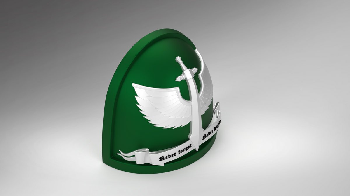 Introducing the V.10 Gloomy Celestials V.2 Shoulder Detail (3D Print | Files Only): a green, shield-shaped emblem adorned with a silver winged sword and a white banner with stylized script, set against a gradient gray backdrop—ideal for digital download and the perfect addition to your next Tactical Remaster Arms Pattern project.