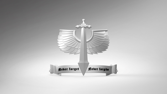 A depiction of the V.10 Gloomy Celestials V.2 Shoulder Detail (3D Print | Files Only) shows a silver sword with wings standing upright, its blade adorned with a subtle Tactical Remaster Arms Pattern. Beneath the sword, a scroll bears the phrase “Never forget Never forgive” in black Gothic-style font, all set against a gradient background transitioning from light gray to white.