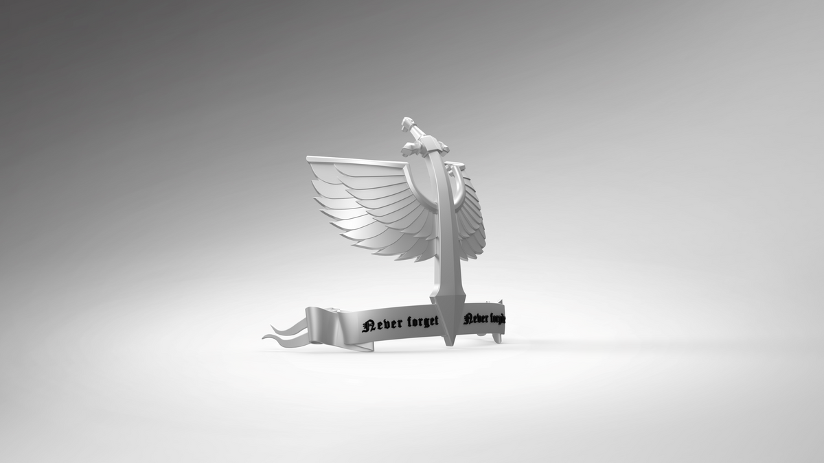 A silver sword with wings stands upright, showcasing the distinctive Tactical Remaster Arms Pattern, while a ribbon at its base displays “Never forget” in black text on a light gradient background. Ideal for use as a digital download or creative inspiration when 3D printing the V.10 Gloomy Celestials V.2 Shoulder Detail (Files Only) for your Galactic Warriors project.