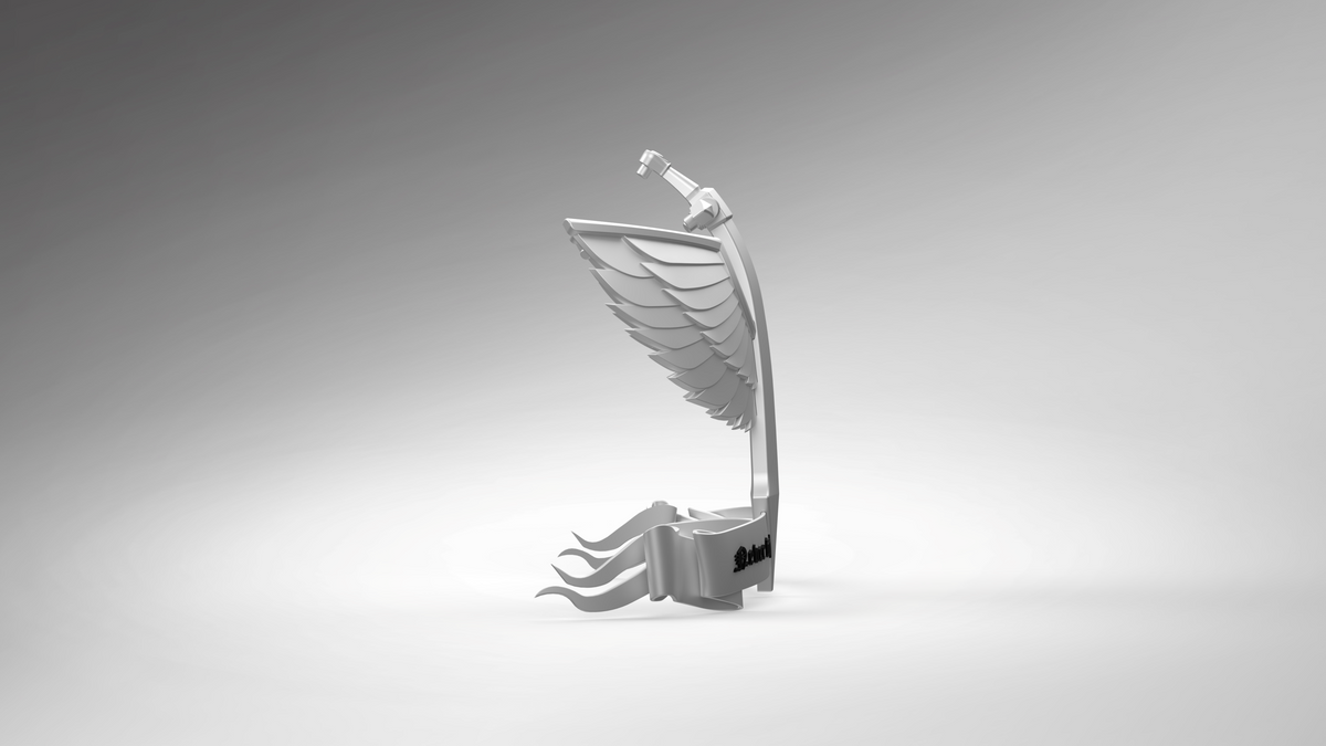 A metallic sculpture resembling a stylized wing and flames rises from a rectangular base, set against a smooth gradient gray background. This piece draws inspiration from the 3D-printable V.10 Gloomy Celestials V.2 Shoulder Detail (3D Print | Files Only), making it perfect for fans seeking a unique digital download.