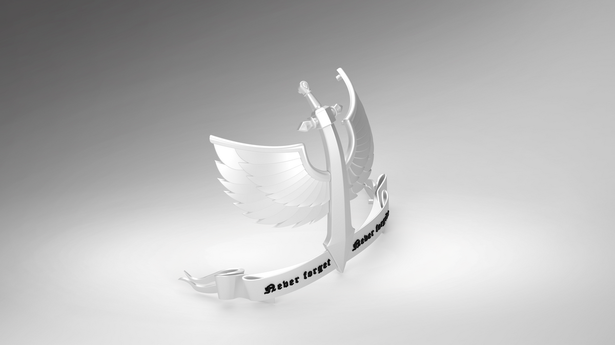 Showcasing the V.10 Gloomy Celestials V.2 Shoulder Detail (3D Print | Files Only), this digital download features a 3D silver anchor with angel wings and a sword, poised atop a scroll inscribed with “Never forget. Never forgive.”, all set against a white to gray gradient background. Inspired by the Tactical Remaster Arms Pattern, this striking Galactic Warriors design is ideal for 3D printing enthusiasts seeking unique shoulder detail files.