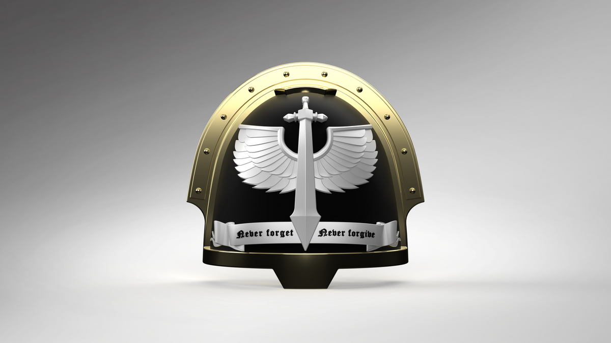 A metallic shield with a gold border displays a winged sword and a banner reading “Never forget, Never forgive” against a black background—an ideal choice for anyone seeking the V.10 Gloomy Celestials V.2 Shoulder Detail (3D Print | Files Only) as a 3D-printable Galactic Warriors accessory or Tactical Remaster Arms Pattern digital download.