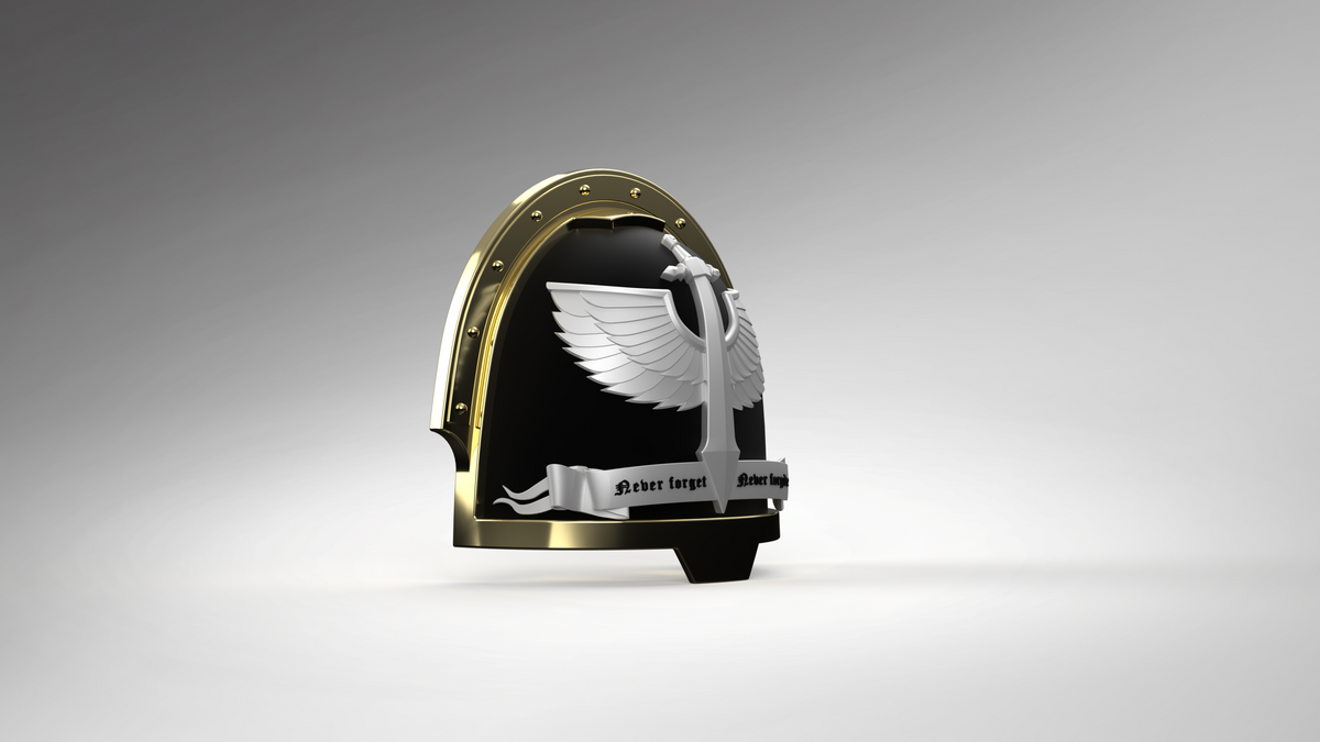 Introducing the V.10 Gloomy Celestials V.2 Shoulder Detail (3D Print | Files Only)—a black and gold shoulder armor accessory inspired by the Tactical Remaster Arms Pattern. It features a silver sword with wings and a banner inscribed “Never forget. Never forgive,” set against a gradient gray background. Perfect for digital download, this striking 3D-printable design is ideal for enhancing your Galactic Warriors’ armor with stunning detail.