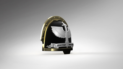 Introducing the V.10 Gloomy Celestials V.2 Shoulder Detail (3D Print | Files Only)—a black and gold shoulder armor accessory inspired by the Tactical Remaster Arms Pattern. It features a silver sword with wings and a banner inscribed “Never forget. Never forgive,” set against a gradient gray background. Perfect for digital download, this striking 3D-printable design is ideal for enhancing your Galactic Warriors’ armor with stunning detail.