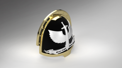 Introducing the V.10 Gloomy Celestials V.2 Shoulder Detail (3D Print | Files Only)—a striking design featuring a black and gold shield adorned with a white wing and silver sword emblem, complemented by a white banner along the bottom edge set against a gradient background. Ideal as inspiration for your next 3D-printable Galactic Warriors shoulder detail or as an eye-catching component in your upcoming Tactical Remaster Arms Pattern digital download project.