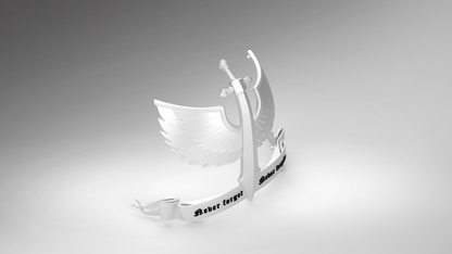 Showcasing the V.10 Gloomy Celestials V.2 Shoulder Detail (3D Print | Files Only), this digital download features a 3D silver anchor with angel wings and a sword, poised atop a scroll inscribed with “Never forget. Never forgive.”, all set against a white to gray gradient background. Inspired by the Tactical Remaster Arms Pattern, this striking Galactic Warriors design is ideal for 3D printing enthusiasts seeking unique shoulder detail files.