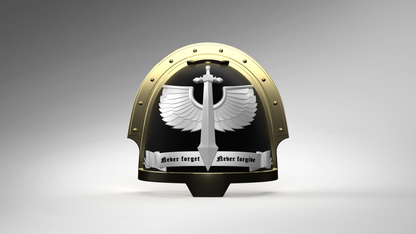 A metallic shield with a gold border displays a winged sword and a banner reading “Never forget, Never forgive” against a black background—an ideal choice for anyone seeking the V.10 Gloomy Celestials V.2 Shoulder Detail (3D Print | Files Only) as a 3D-printable Galactic Warriors accessory or Tactical Remaster Arms Pattern digital download.