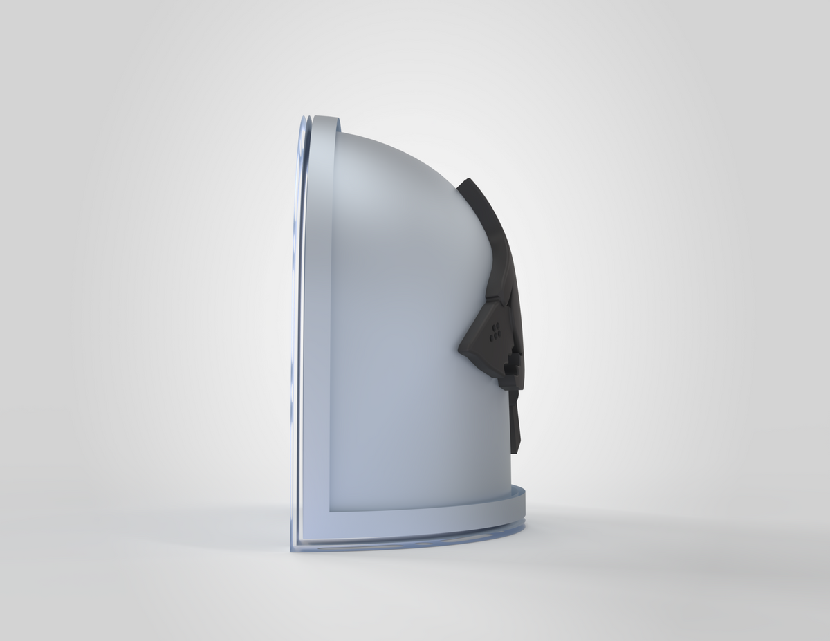 A side view of the V.10 Void Lupines Shoulder Detail V.1 (3D Print | Files Only), a gray, dome-shaped accessory featuring a black visor attachment inspired by Tactical Void Lupines gear, set against a plain, light background.