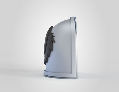 A smooth, rounded white helmet viewed from the side, featuring a black feather-like emblem on its surface—an iconic design element inspired by the V.10 Void Lupines Shoulder Detail V.1 (3D Print | Files Only)—set against a plain light background.