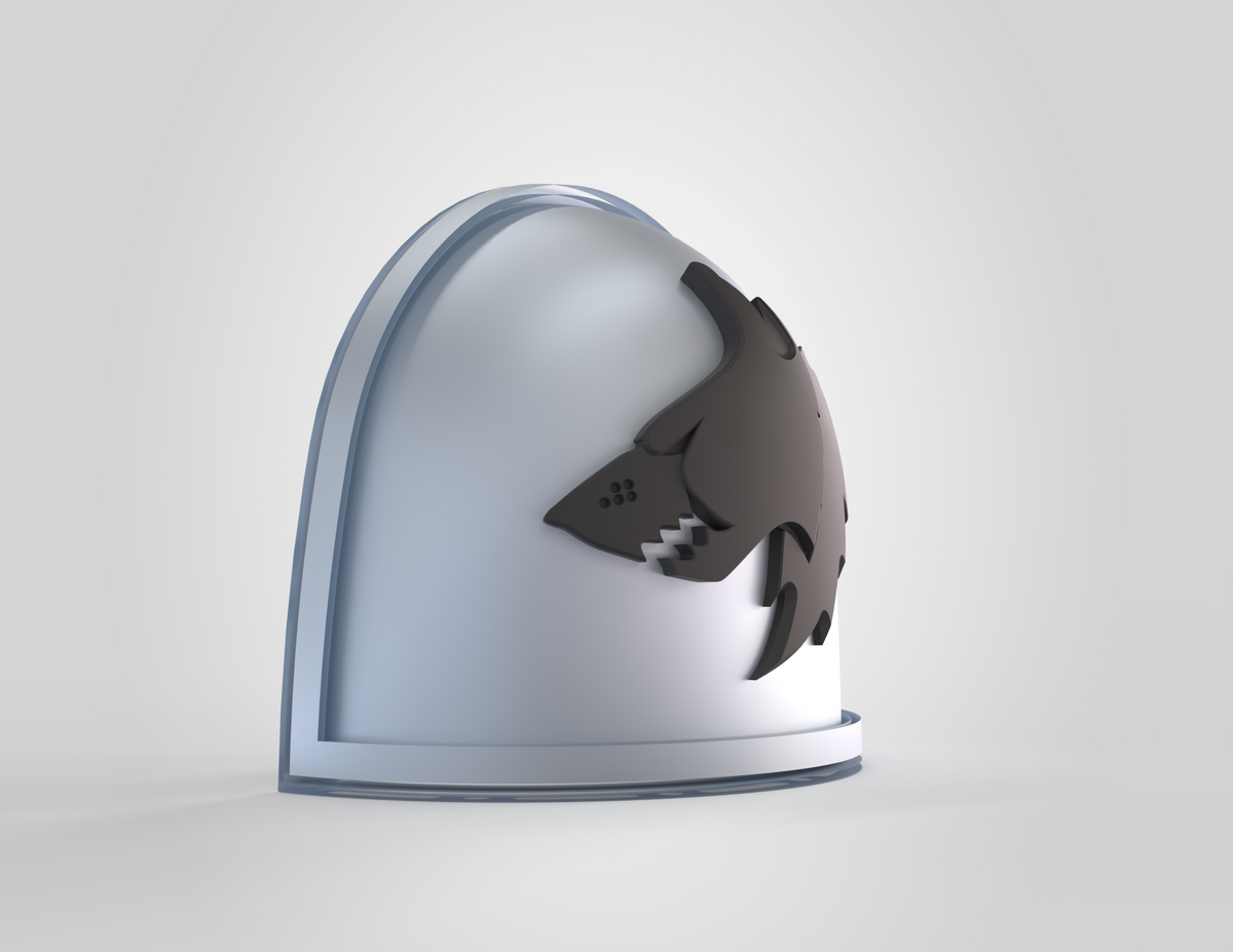 V.10 Void Lupines Shoulder Detail V.1 (3D Print | Files Only): This white, rounded shoulder armor plate features a raised black shark emblem on the side and is displayed against a plain light gray background—an ideal 3D-printable Galactic Warriors shoulder detail for your Tactical Void Lupines. Available as a convenient digital download.