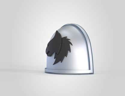 A silver curved object resembling a helmet, featuring a black wolf head emblem on its side and set against a light gray background. The V.10 Void Lupines Shoulder Detail V.1 (3D Print | Files Only) is inspired by the Tactical Void Lupines and offered as a digital download for 3D printing.
