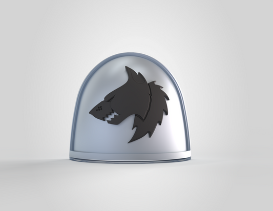 A silver, dome-shaped V.10 Void Lupines Shoulder Detail V.1 (3D Print | Files Only) features a black wolf’s head emblem inspired by the Tactical Void Lupines and is displayed against a plain light gray background. This digital download provides 3D-printable files perfect for customizing your Galactic Warriors collection.