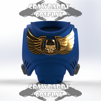 Blue and gold helmet with emblem on a white background, featuring 'Crawdaddy Cosplay' branding.