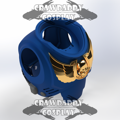 Blue and gold mask with 'Crawdaddy Cosplay' branding on a white background