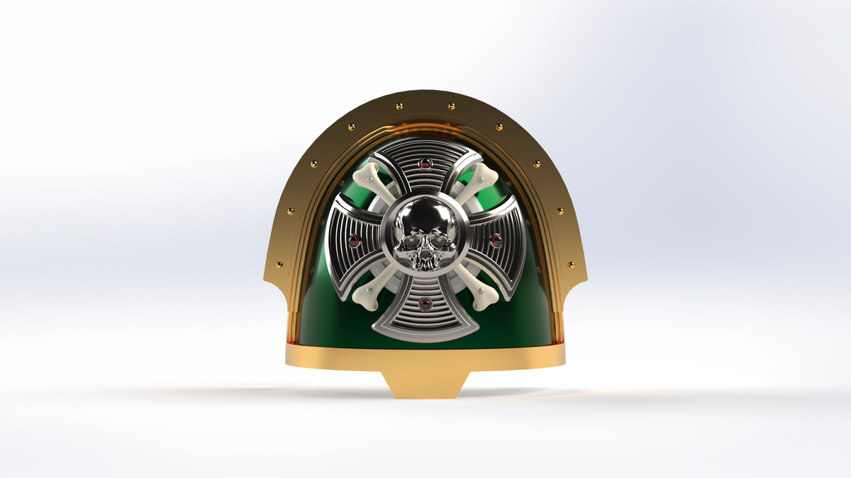 Decorative object with a gold and green design on a white background