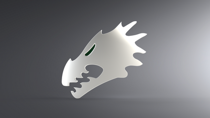 Metallic dragon head sculpture on a gray background