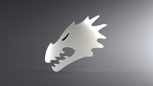 Metallic dragon head sculpture on a gray background