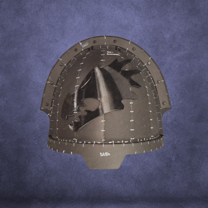 A black medieval-style helmet featuring a dragon head design and visible stitching is centered on a textured purple background, evoking the look of the V.10 Fire Lizards Shoulder Detail (3D Print | Files Only).