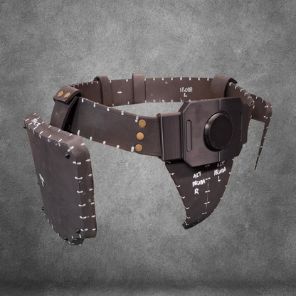 A brown, futuristic utility belt—called the V.10 Tactical Waist Pattern—features padded panels, white measurement markings, and a round buckle, displayed on a gray textured background. This design is available as an EVA foam template digital download.