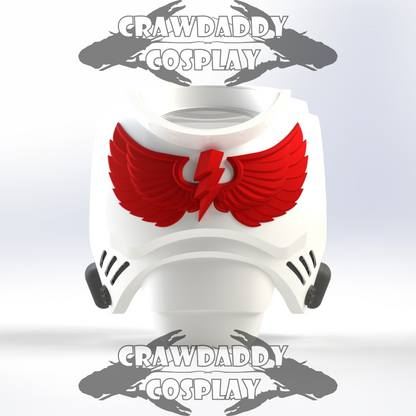 White and red winged mask with 'Crawdaddy Cosplay' branding on a light gray background.