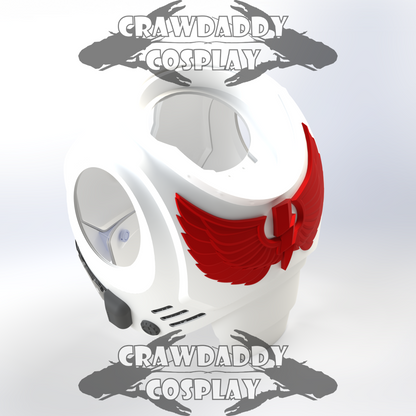 Cosplay costume head with red accents on a light gray background, featuring 'Crawdaddy Cosplay' branding.
