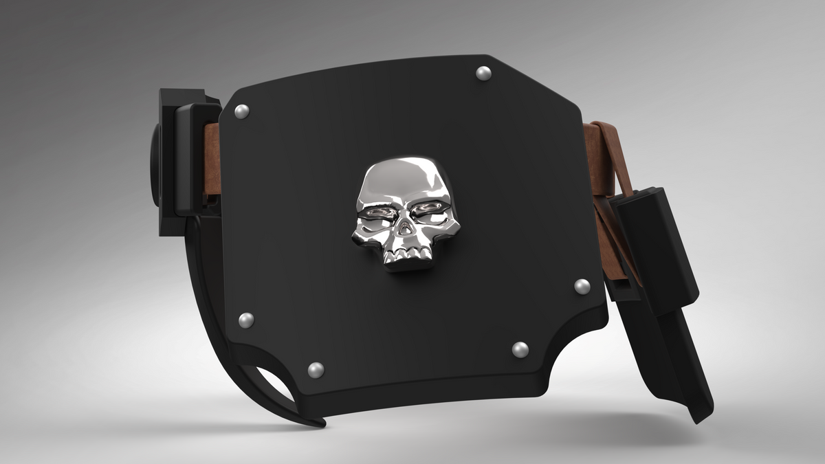 A black leather holster with a silver metallic skull emblem on the front, secured with silver rivets and brown leather straps, shown on a neutral gray background.
