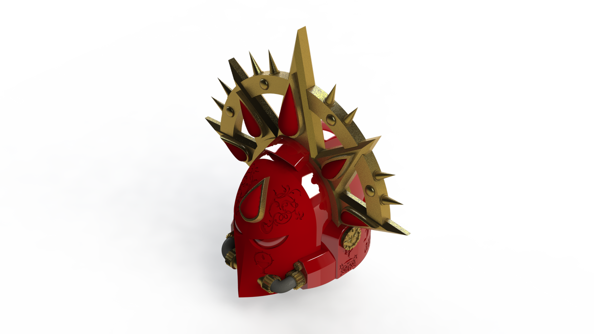 A crimson V.7 Eagle - Crimson Celestials Helmet, adorned with gold, spiked decorations and ornate patterns, is shown from above against a white background. Ideal for fans and creators alike, this digital download includes 3D print files for creating your own stunning replica (files only).