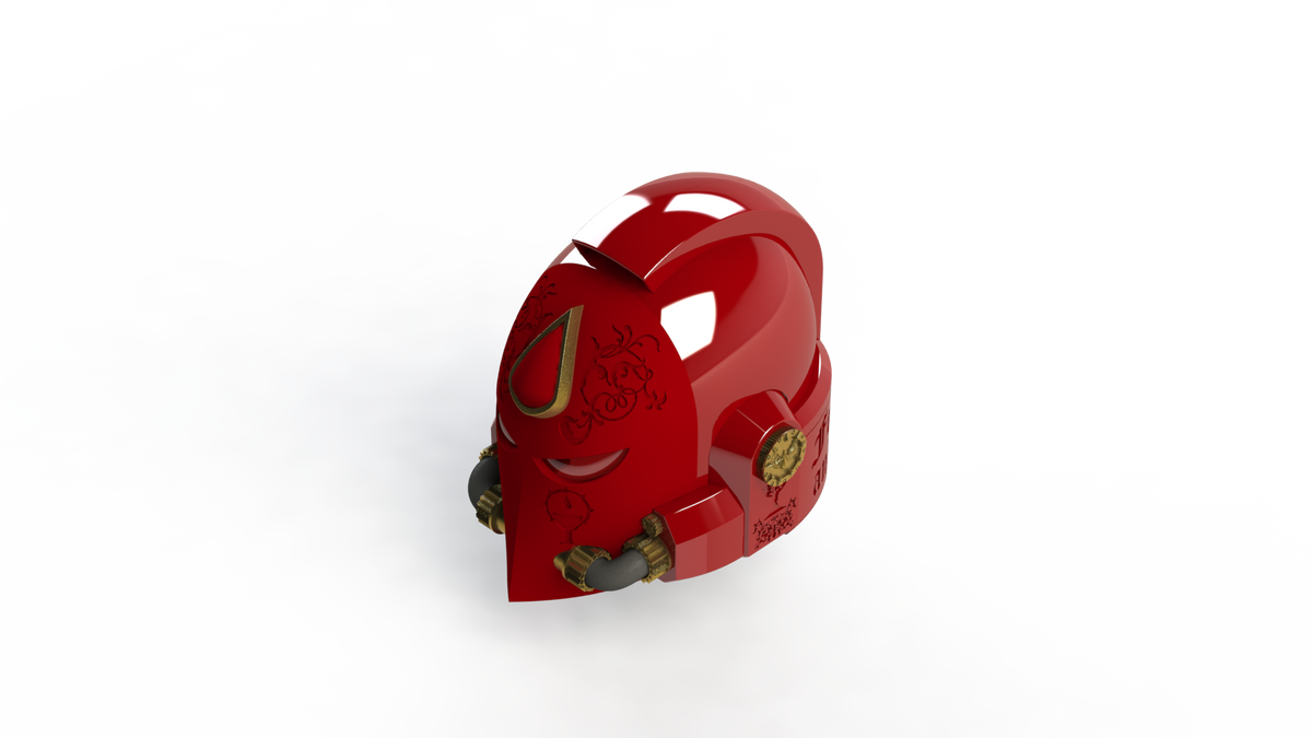 A gleaming crimson, dome-shaped V.7 Eagle - Crimson Celestials Helmet (3D Print | Files Only) featuring ornamental gold accents, black tubing, and intricate etched designs rests against a plain white background—an ideal digital download for fans seeking detailed 3D print files.