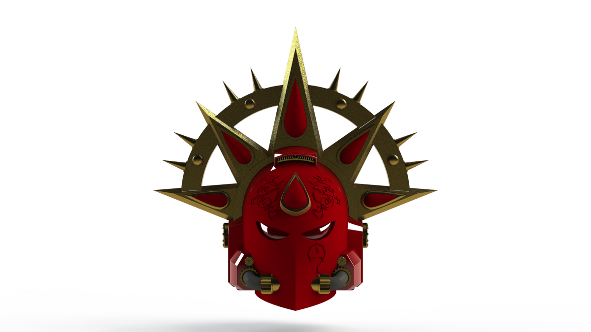 Introducing the V.7 Eagle - Crimson Celestials Helmet (3D Print | Files Only): A bold, red robotic helmet inspired by the Space Marine Mark VII design, featuring fierce eye slits, gold spikes, and a large spiked circular gold halo behind it. Intricate black patterns accentuate the forehead and cheeks, making this helmet truly distinctive. Offered as digital download 3D print files, this striking piece stands out brilliantly against a plain white background.