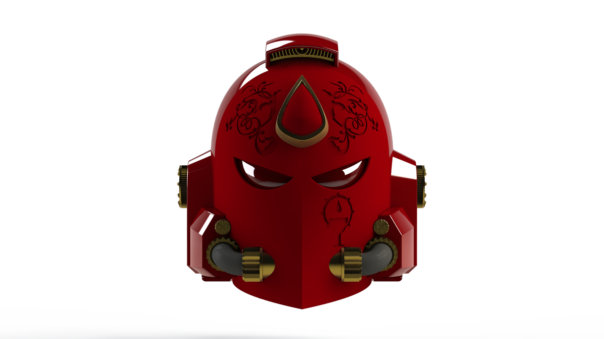 A front-facing view of the V.7 Eagle - Crimson Celestials Helmet (3D Print | Files Only), showcasing its striking red color, mechanical detailing, gold accents, floral motifs, and a prominent teardrop-shaped emblem on the forehead—an ideal inspiration for your next digital download project.