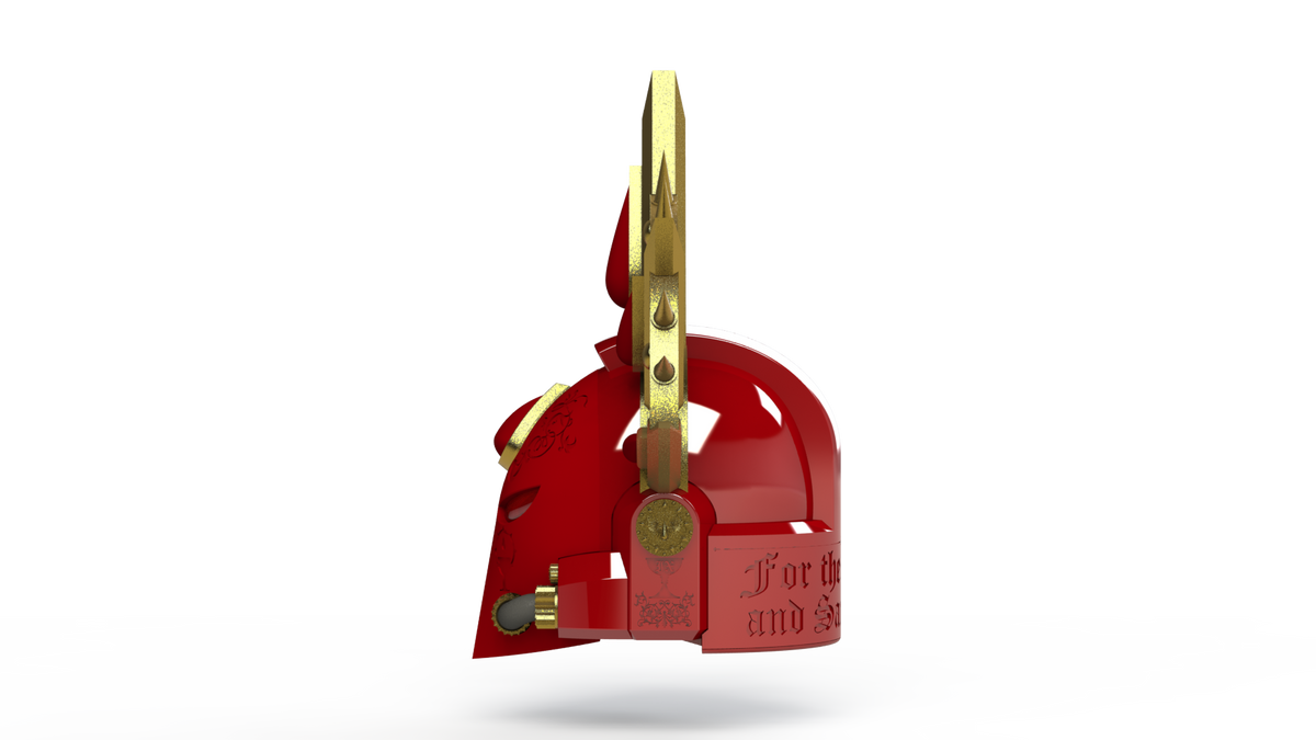 A vibrant red and gold V.7 Eagle - Crimson Celestials Helmet (3D Print | Files Only) is displayed in profile, showcasing intricate engravings and ornate details against a plain white background—ideal as a digital download for enthusiasts interested in building their own collection or utilizing the files for 3D printing.