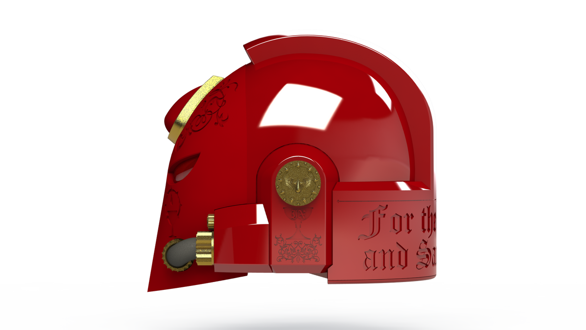 Introducing the V.7 Eagle - Crimson Celestials Helmet (3D Print | Files Only): a glossy red sci-fi helmet adorned with gold accents and intricate designs, featuring engraved text along the side. Inspired by the legendary Space Marine Mark VII Blood Angels Helmet, this digital model is available for instant download as 3D print files. Displayed against a plain white background.